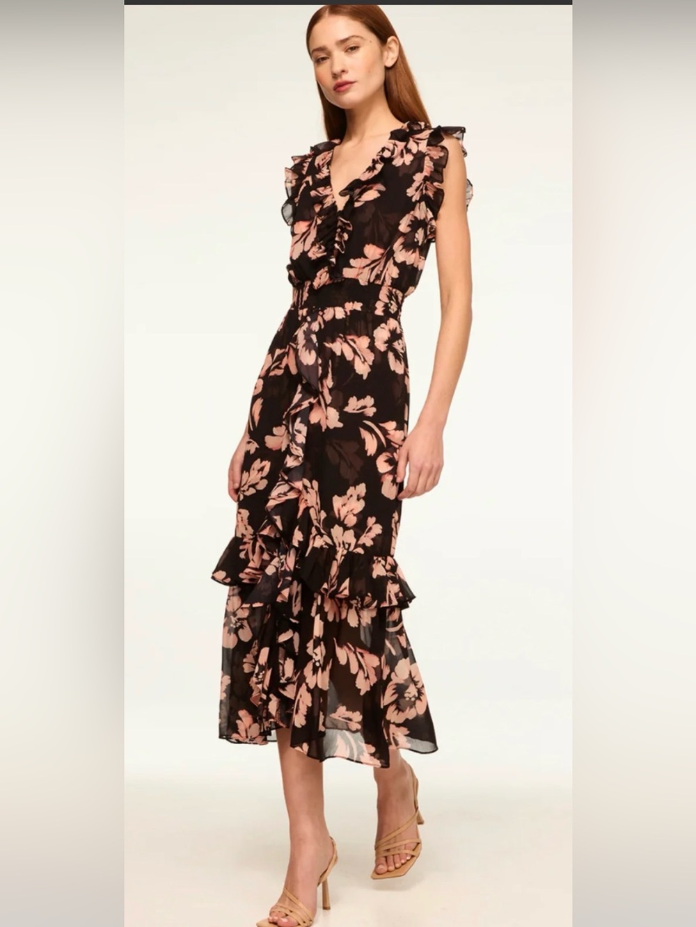 Black & Pink Floral Ruffle Midi Dress